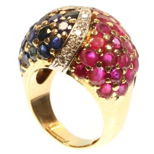 Impressive French Fifties cocktail ring brilliants rubies emeralds sapphires